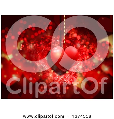 Clipart of a Suspended Heart over Flares and Hearts in Red and Gold - Royalty Free Illustration by KJ Pargeter