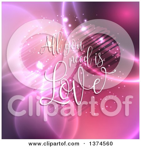 Clipart of a Scribble Heart with All You Need Is Love Text over Abstract Pink and Purple - Royalty Free Vector Illustration by KJ Pargeter