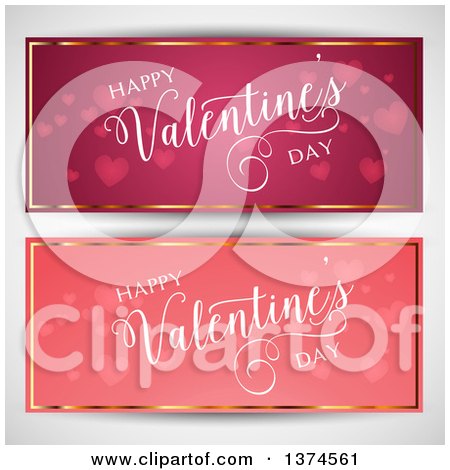 Clipart of Happy Valentines Day Banners with Hearts and Gold Borders, over Shading - Royalty Free Vector Illustration by KJ Pargeter