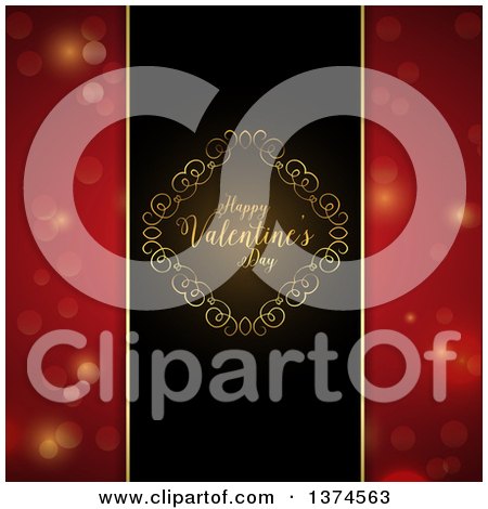 Clipart of a Happy Valentines Day Greeting in a Golden Swirl Diamond Frame, over a Black Panel Against Red with Flares - Royalty Free Vector Illustration by KJ Pargeter