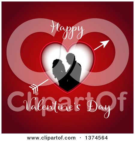 Clipart of a Silhouetted Couple Embracing in a Heart Frame with Cupids Arrow, on Red with Happy Valentines Day Text - Royalty Free Vector Illustration by KJ Pargeter