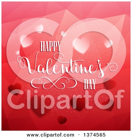 Clipart of a Happy Valentines Day Greeting over Mesh Waves and Red Hearts - Royalty Free Vector Illustration by KJ Pargeter