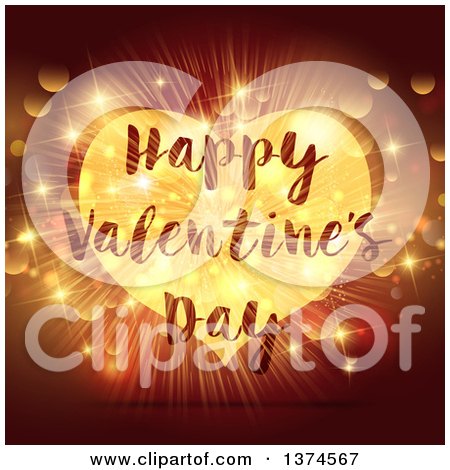 Clipart of a Happy Valentines Day Greeting over a Gold Heart, with Bursting Lights and Flares - Royalty Free Vector Illustration by KJ Pargeter