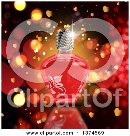 Clipart of a 3d Red Floral Bottle of Romantic Perfume over Hearts and Bokeh Flares - Royalty Free Illustration by KJ Pargeter
