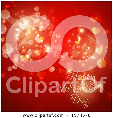 Clipart of a Happy Valentines Day Greeting over Red with Bokeh Flares, Hearts and Stars - Royalty Free Vector Illustration by KJ Pargeter