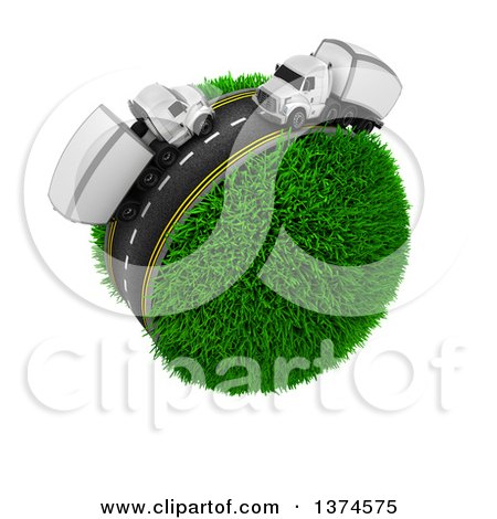 Clipart of a 3d Busy Highway with Big Rig Trucks Around a Grassy Planet, on White - Royalty Free Illustration by KJ Pargeter