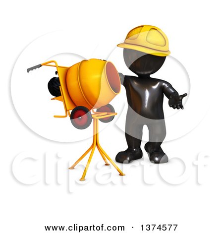 Clipart of a 3d Black Man Construction Worker with a Cement Mixer, on a White Background - Royalty Free Illustration by KJ Pargeter