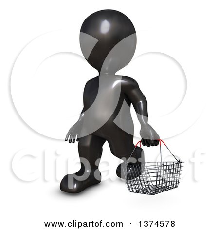 Clipart of a 3d Black Man Carrying a Shopping Basket, on a White Background - Royalty Free Illustration by KJ Pargeter