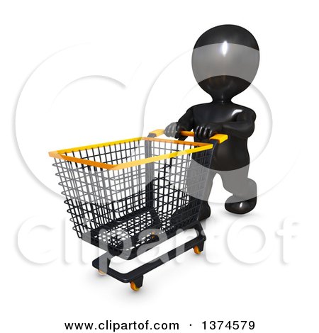 Clipart of a 3d Black Man Pushing a Shopping Cart, on a White Background - Royalty Free Illustration by KJ Pargeter