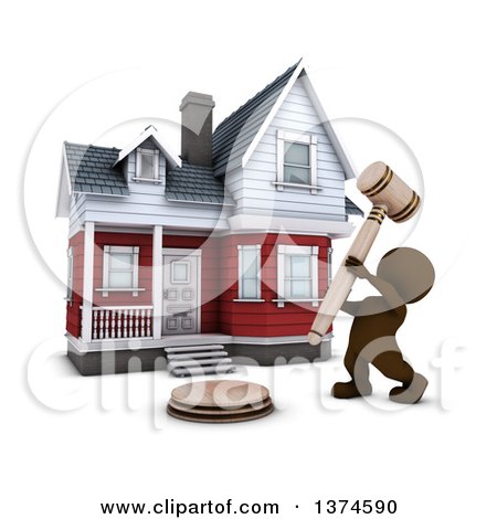 Clipart of a 3d Brown Man Banging a Gavel in Front of a Home for Auction, on a White Background - Royalty Free Illustration by KJ Pargeter