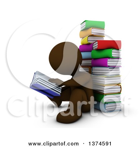 Clipart of a 3d Brown Man Reading, Sitting on the Floor and Leaning Back Against a Stack of Books, on a White Background - Royalty Free Illustration by KJ Pargeter
