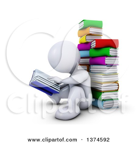 Clipart of a 3d White Man Reading, Sitting on the Floor and Leaning Back Against a Stack of Books, on a White Background - Royalty Free Illustration by KJ Pargeter