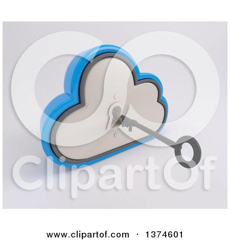 Clipart of a 3d Silver and Blue Cloud Drive Icon with a Key and Hole, on off White - Royalty Free Illustration by KJ Pargeter