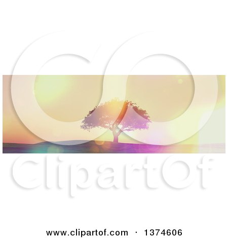 Clipart of a 3d Silhouetted Mature Tree Against a Sunset with Flares - Royalty Free Illustration by KJ Pargeter