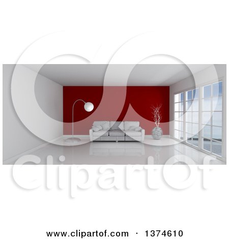 Clipart of a 3d White Room Interior with Floor to Ceiling Windows, a Red Feature Wall and Furniture - Royalty Free Illustration by KJ Pargeter