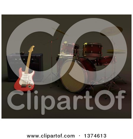 Clipart of a 3d Electric Guitar, Amplifier and Drum Set - Royalty Free Illustration by KJ Pargeter
