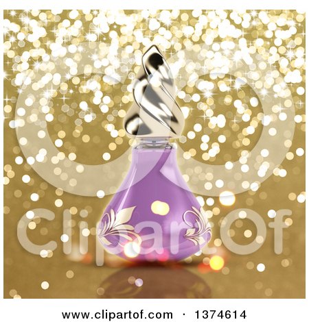 Clipart of a 3d Purple Floral Perfume Bottle over Gold Glitter - Royalty Free Illustration by KJ Pargeter