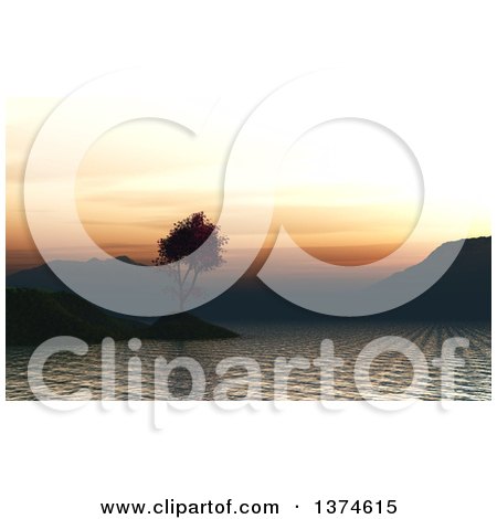 Clipart of a 3d Silhouetted Japanese Maple on an Island in a Bay at Sunset - Royalty Free Illustration by KJ Pargeter