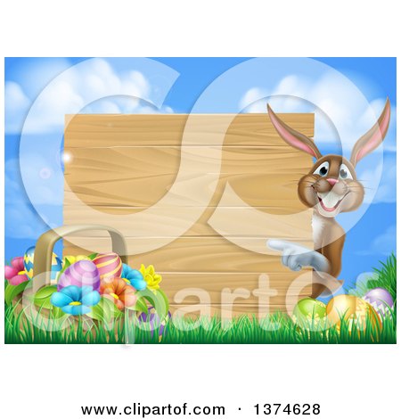 Clipart of a Brown Bunny Rabbit with Eggs and an Easter Basket, Pointing Around a Blank Wood Sign Against Sky - Royalty Free Vector Illustration by AtStockIllustration
