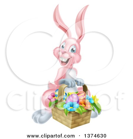 Clipart of a Happy Pink Easter Bunny Rabbit with a Basket of Eggs and Flowers - Royalty Free Vector Illustration by AtStockIllustration