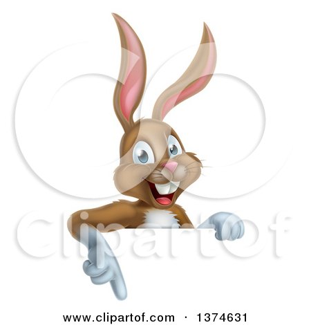Clipart of a Happy Brown Rabbit Pointing down over a Sign - Royalty Free Vector Illustration by AtStockIllustration