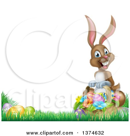 Clipart of a Happy Brown Easter Bunny Rabbit with a Basket of Eggs and Flowers in the Grass, with White Text Space - Royalty Free Vector Illustration by AtStockIllustration