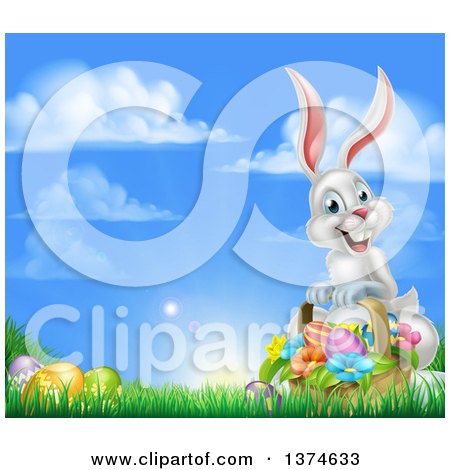 Clipart of a Happy White Easter Bunny Rabbit with a Basket of Eggs and Flowers in the Grass, with Sky Text Space - Royalty Free Vector Illustration by AtStockIllustration