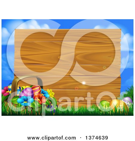 Clipart of a Basket of Flowers and Easter Eggs in Grass in Front of a Blank Wood Sign, with Blue Sky and Light Flares - Royalty Free Vector Illustration by AtStockIllustration