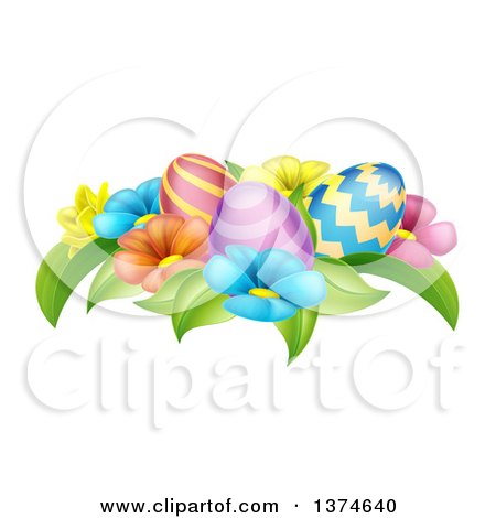 Clipart of a Group of 3d Colorful Spring Flowers and Patterned Easter Eggs - Royalty Free Vector Illustration by AtStockIllustration