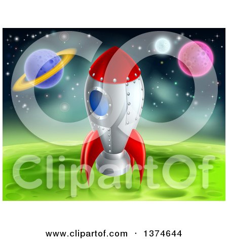 Clipart of a Space Rocket Resting on a Green Planet - Royalty Free Vector Illustration by AtStockIllustration