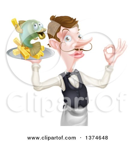Clipart of a White Male Waiter with a Curling Mustache, Holding Fish and a French Fry Character on a Tray and Gesturing Okay - Royalty Free Vector Illustration by AtStockIllustration