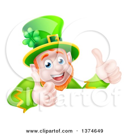 Clipart of a Happy St Patricks Day Leprechaun Giving Two Thumbs up over a Sign - Royalty Free Vector Illustration by AtStockIllustration