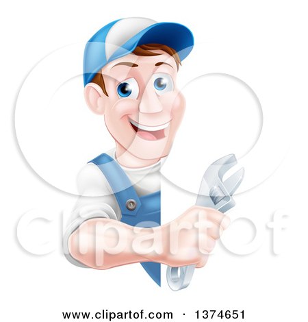 Clipart of a Happy Middle Aged Brunette Caucasian Mechanic Man in Blue, Wearing a Baseball Cap, Holding an Adjustable Wrench Around a Sign - Royalty Free Vector Illustration by AtStockIllustration