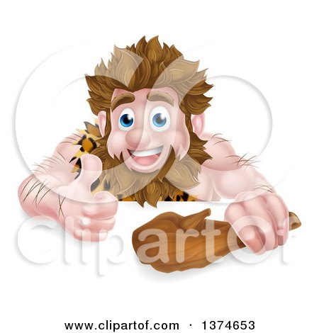 Clipart of a Cartoon Muscular Happy Caveman Holding a Club and Giving a Thumb up over a Sign - Royalty Free Vector Illustration by AtStockIllustration