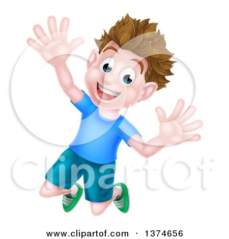 Clipart of a Happy Brunette White Boy Jumping with Excitement and Joy - Royalty Free Vector Illustration by AtStockIllustration