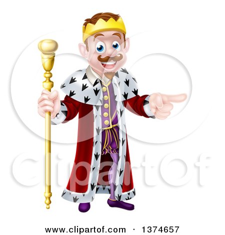 Clipart of a Brunette White King Holding a Scepter and Pointing to the Right - Royalty Free Vector Illustration by AtStockIllustration
