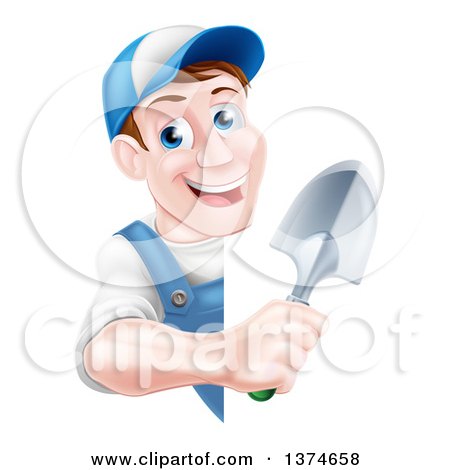 Clipart of a Happy Middle Aged Brunette White Male Gardener in Blue, Holding a Shovel Around a Sign - Royalty Free Vector Illustration by AtStockIllustration