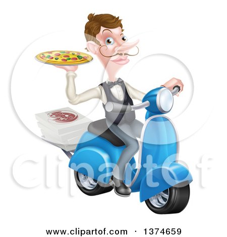 Clipart of a White Male Waiter with a Curling Mustache, Holding a Pizza on a Scooter - Royalty Free Vector Illustration by AtStockIllustration
