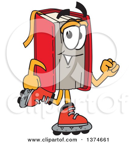 Clipart of a Red Book Mascot Character Roller Blading on Inline Skates - Royalty Free Vector Illustration by Mascot Junction