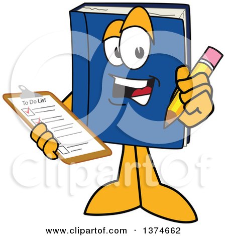 Clipart of a Blue Book Mascot Character Holding a Checklist on a Clip Board and a Pencil - Royalty Free Vector Illustration by Mascot Junction