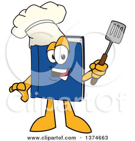 Clipart of a Blue Book Mascot Character Chef Wearing a Toque and Holding a Spatula - Royalty Free Vector Illustration by Mascot Junction