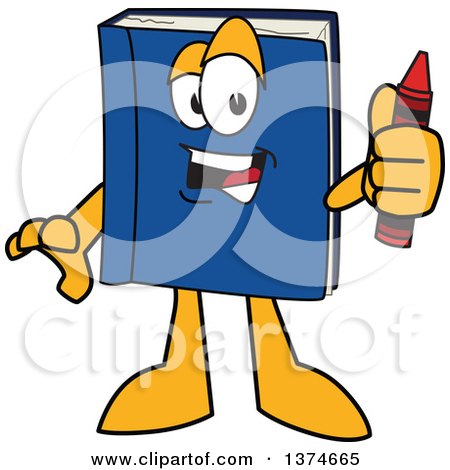 Clipart of a Blue Book Mascot Character Holding a Crayon - Royalty Free Vector Illustration by Mascot Junction