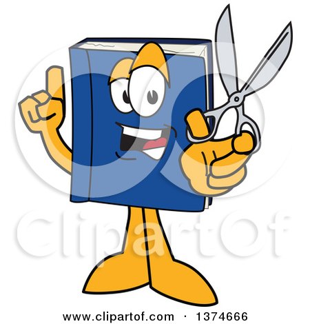 Clipart of a Blue Book Mascot Character Holding up a Finger and a Pair of Scissors - Royalty Free Vector Illustration by Mascot Junction