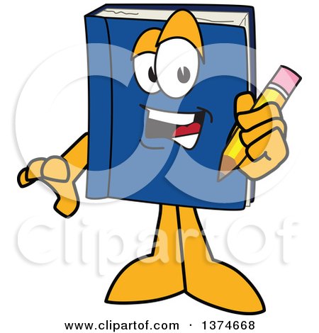 Clipart of a Blue Book Mascot Character Holding a Pencil - Royalty Free Vector Illustration by Mascot Junction