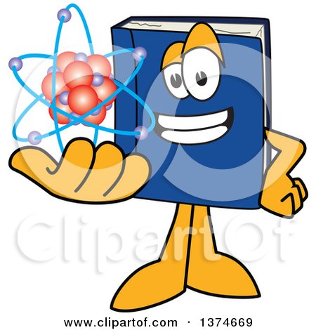 Clipart of a Blue Book Mascot Character Holding an Atom - Royalty Free Vector Illustration by Mascot Junction