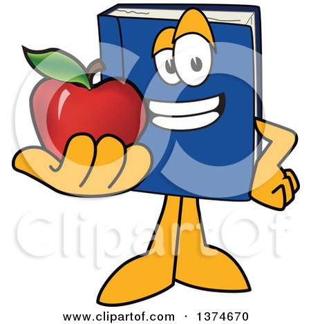 Clipart of a Blue Book Mascot Character Holding out an Apple - Royalty Free Vector Illustration by Mascot Junction