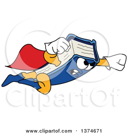 Clipart of a Blue Book Mascot Character Super Hero Flying - Royalty Free Vector Illustration by Mascot Junction