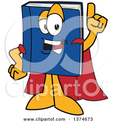 Clipart of a Blue Book Mascot Character Super Hero Holding up a Finger - Royalty Free Vector Illustration by Mascot Junction