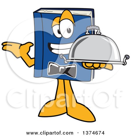 Clipart of a Blue Book Mascot Character Waiter Holding a Cloche Platter - Royalty Free Vector Illustration by Mascot Junction