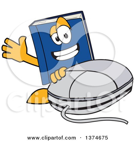 Clipart of a Blue Book Mascot Character Waving by a Computer Mouse - Royalty Free Vector Illustration by Mascot Junction